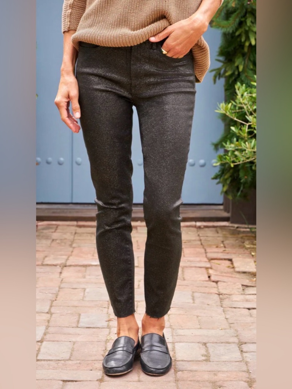 NWOT Frank & Eileen Italian Waxed Premium Blk/Gold Shimmer Crop Jeans Edgy Sz 27